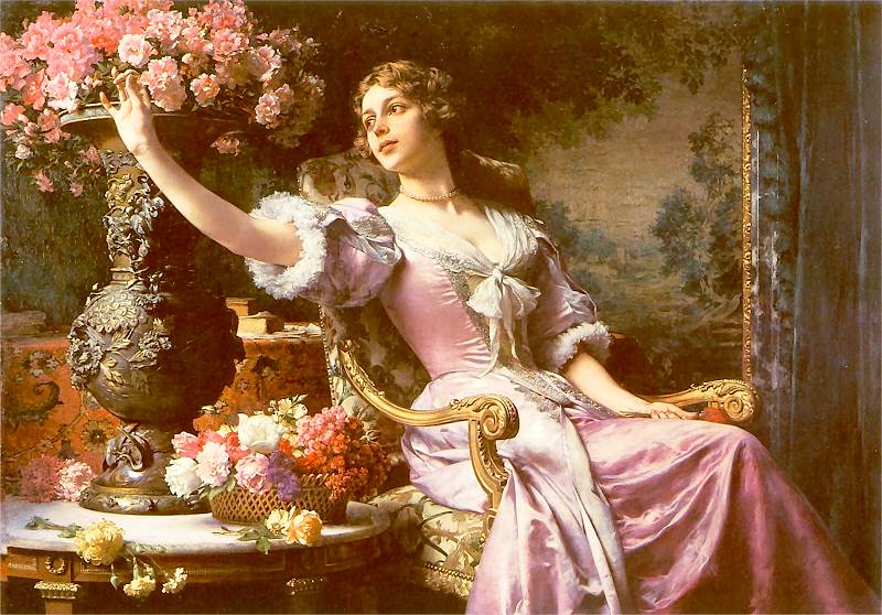 A lady in a lilac dress with flowers